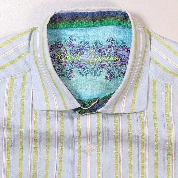 Robert Graham Shirt Long Sleeve Stripe Blue Flip Cuff Mens Large - Picture 1 of 11